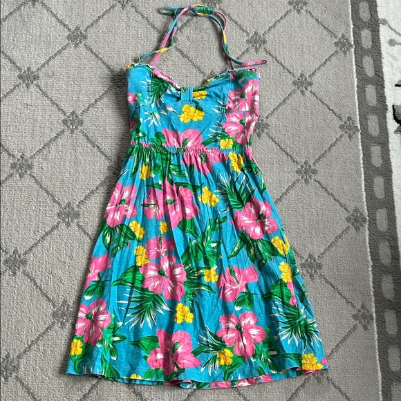 Tropical Strapless Dress - Blue, Pink, Yellow - Picture 1 of 8